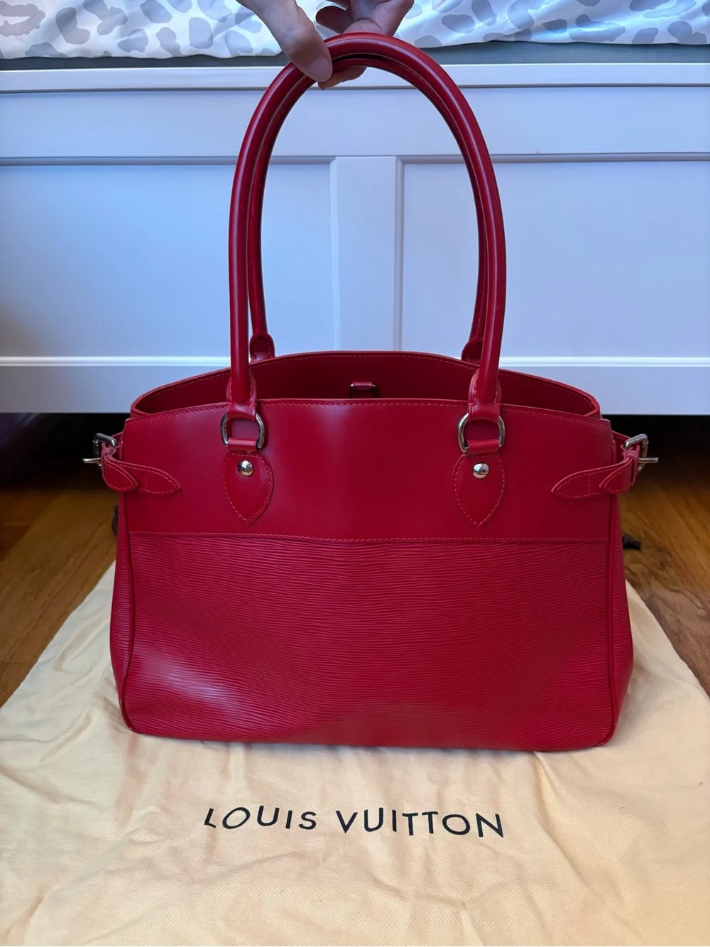 Louis Vuitton Red Epi Passy Bag Tote with Dual Top Handles, And Silver Accents